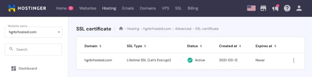 hostinger ssl certificate dashboard